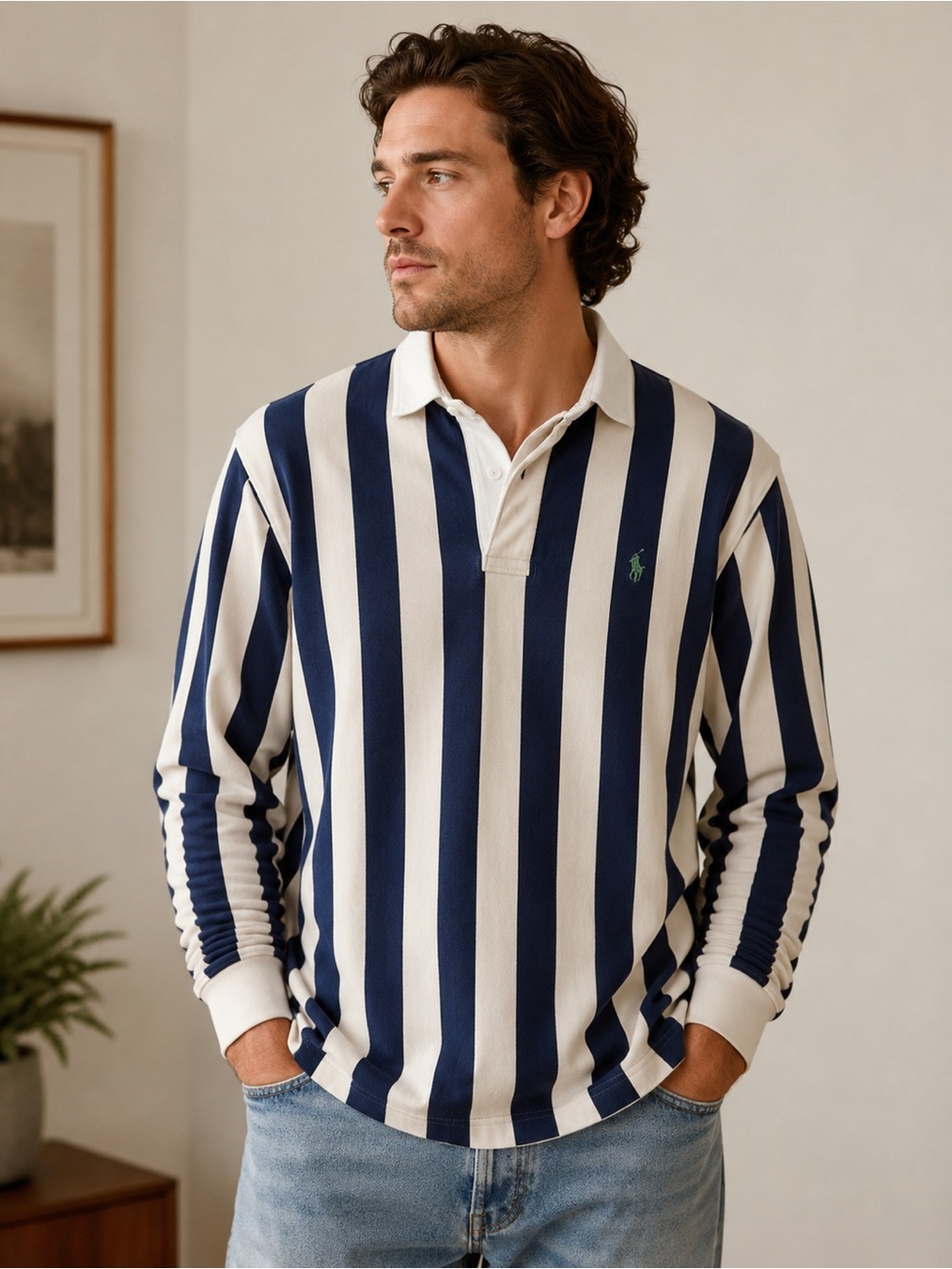 Polo by Ralph Lauren Navy and White Striped Long-Sleeve Rugby Polo